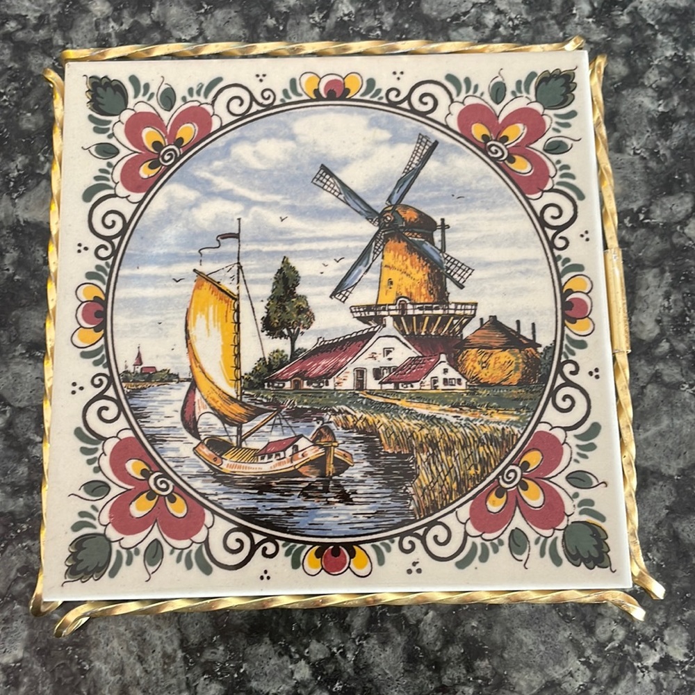 1950s Hand‎ Painted Delft Tile with gold frame; Made in Holland